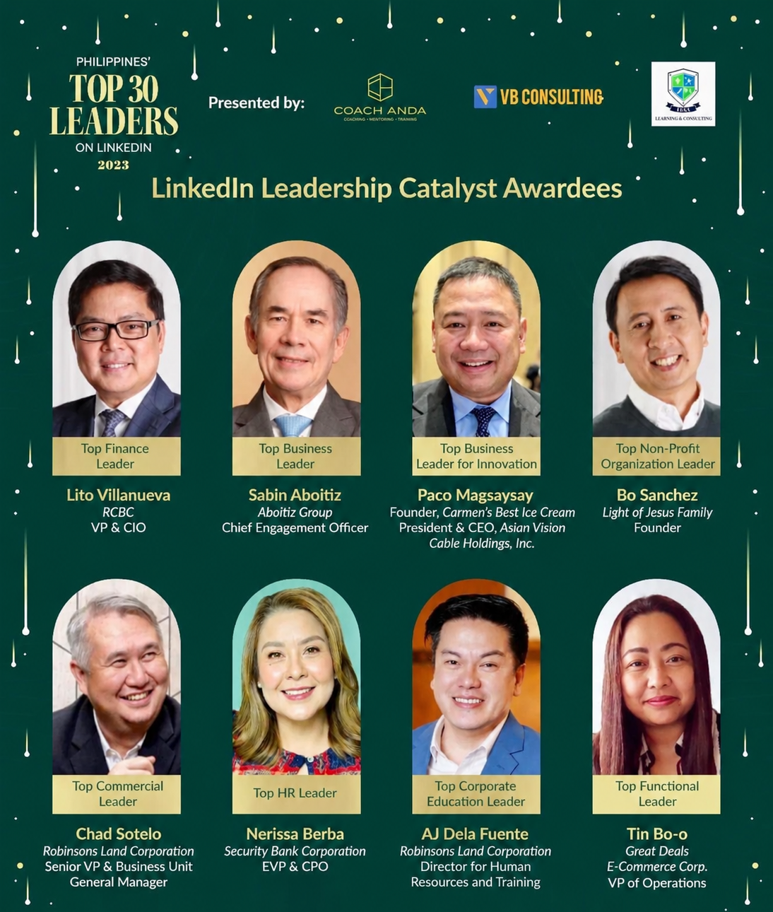 Philippines' Top 30 Leaders on LinkedIn 2023 — LinkedIn Leadership Catalyst Awardee poster featuring Coach AJ dela Fuente as Top Corporate Education Leader